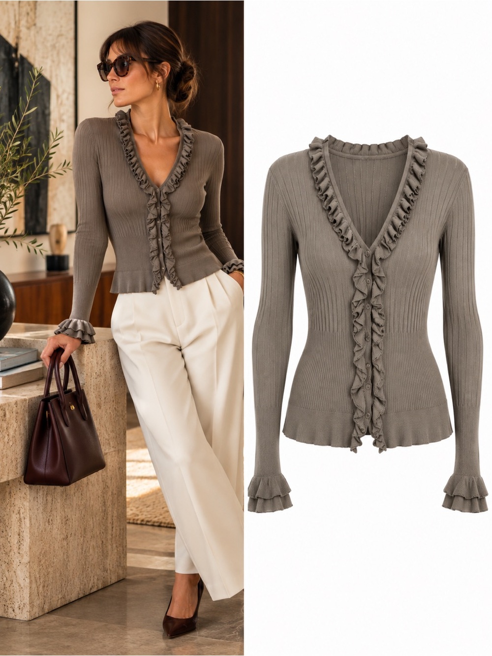 Anne Fontaine Parfaite Ruffle Ribbed Cardigan Taupe Grey Size EU 44 US 12 French